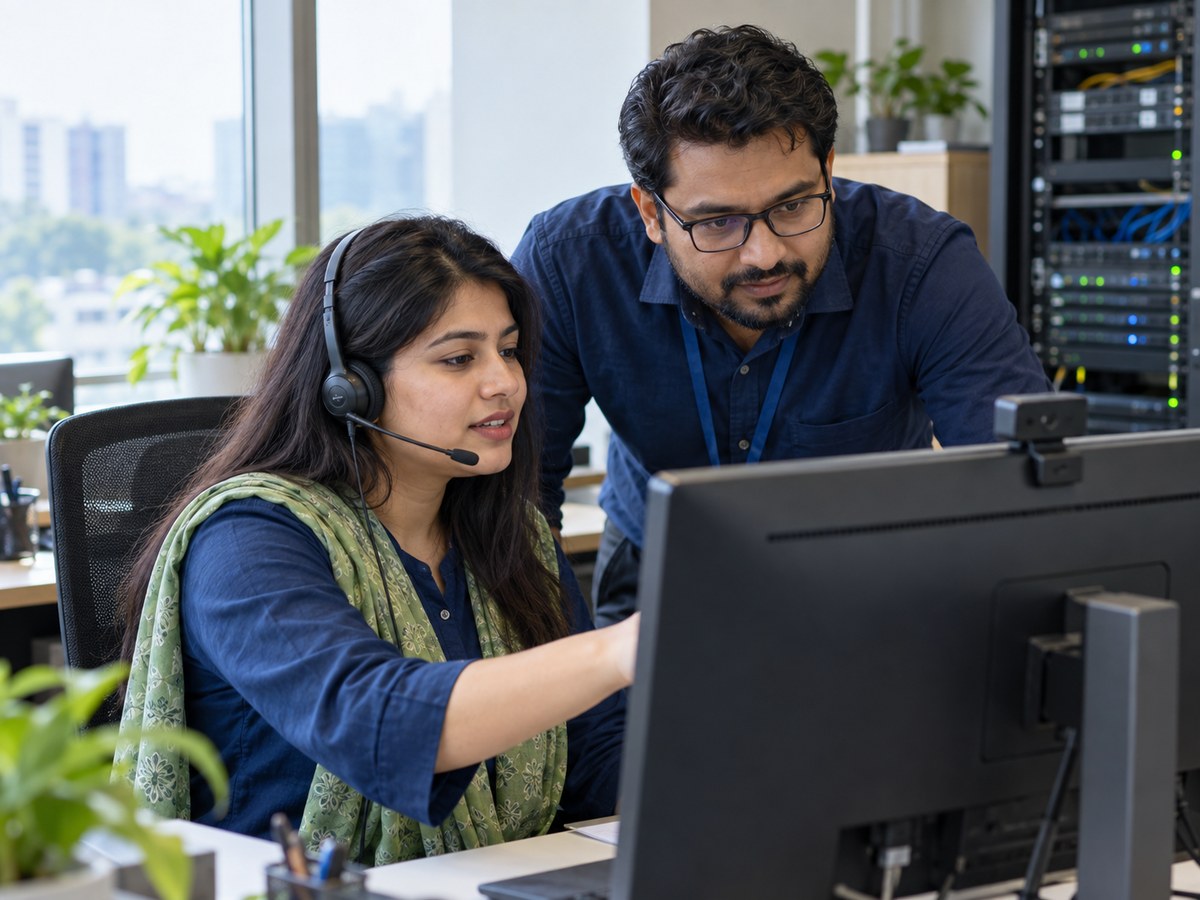 Illustrative image of hosting support agents collaborating at a computer workstation